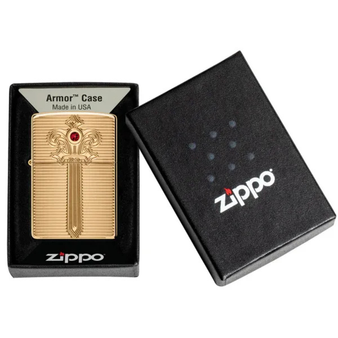 Bật Lửa Zippo Armor Royal Saber Design – Zippo High Polish Brass Khắc Sâu Deep Carve Đính Đá Ruby Chính Hãng USA