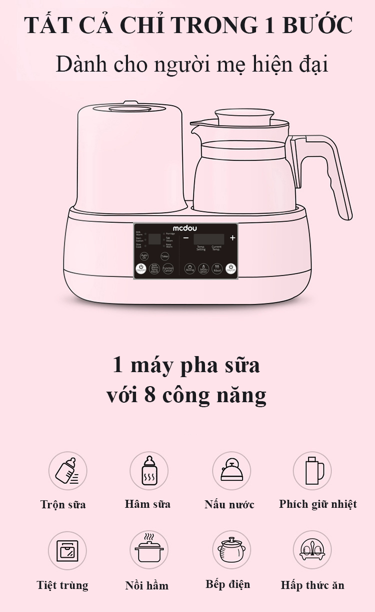 Combo ấm pha sữa điều chỉnh nhiệt độ và nồi hầm cháo tích hợp đa năng 8 in 1