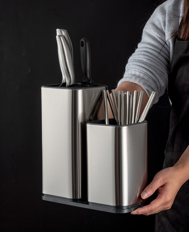 Bộ 2 ống đựng đũa muỗng để dao kéo đa năng hình chữ nhật inox 22.5x23.6cm 826g