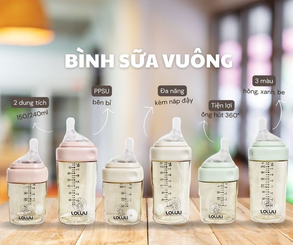 [KHÔNG BAO GỒM TAY CẦM VÀ TY ỐNG HÚT) Bình sữa Loluli PPSU cổ vuông cho bé chống sặc dây hút 360 độ 240ml