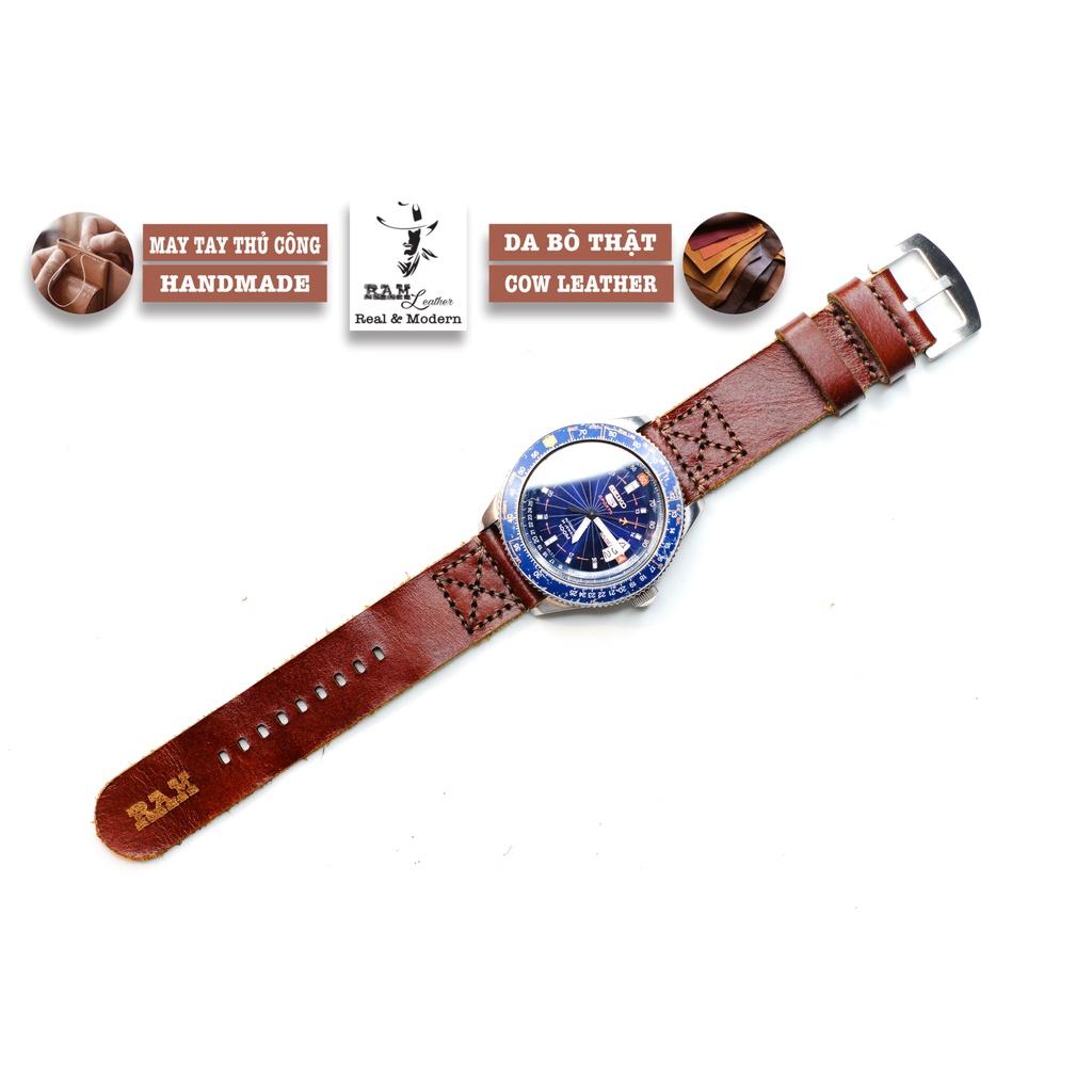 Dây đồng hồ da bò nâu đỏ RAM simple X handmade bền chắc - chính hãng RAM