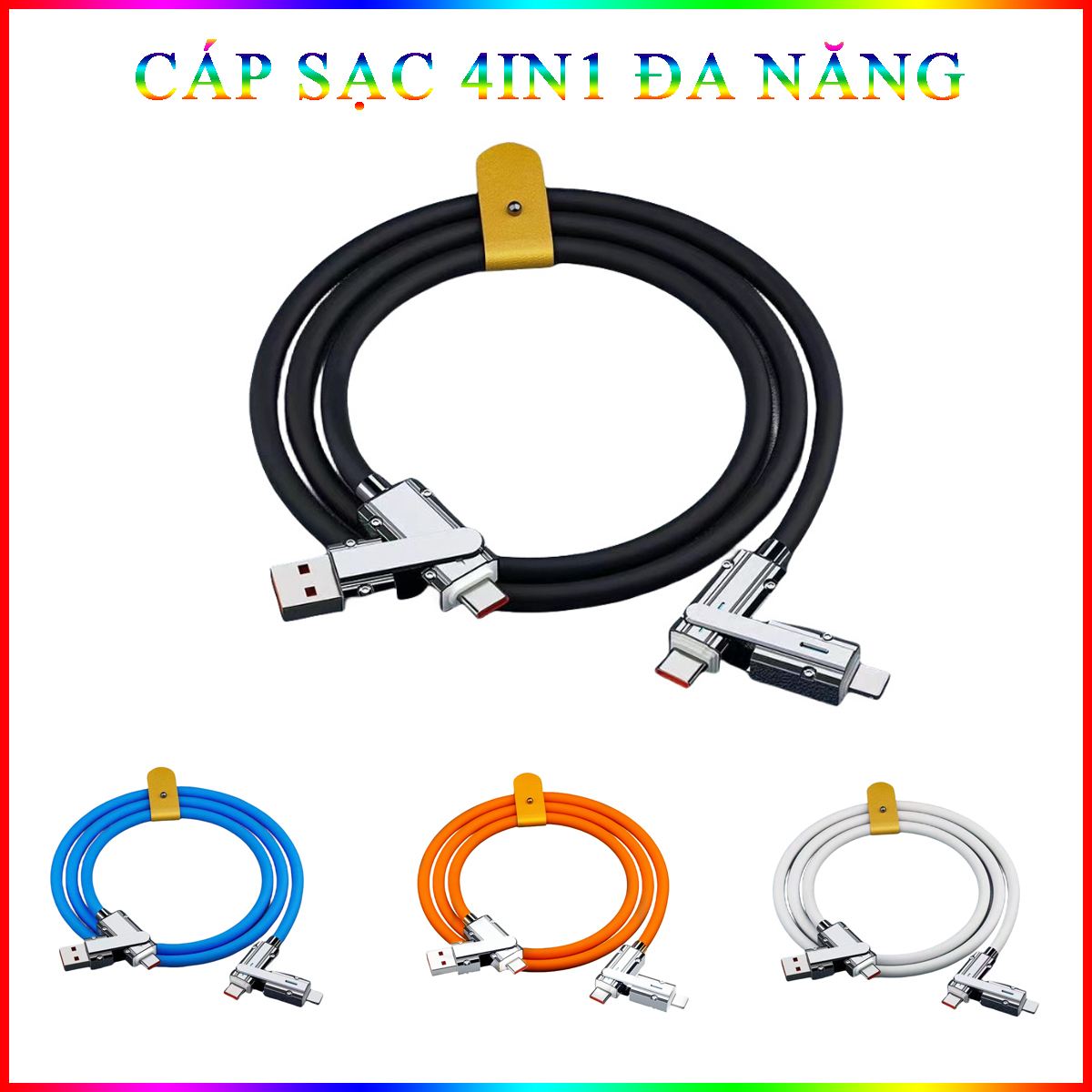Cáp Sạc Nhanh Pd60W Max Cá Mập Bọc Thép 4 Đầu (1 Usb, 2 Type-C, 1 Ip) Siêu Tiện Lợi