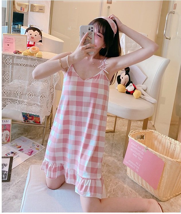 Đầm mặc nhà, đầm ngủ, đầm đuôi cá, đầm 2 dây họa tiết kẻ caro cute AH03