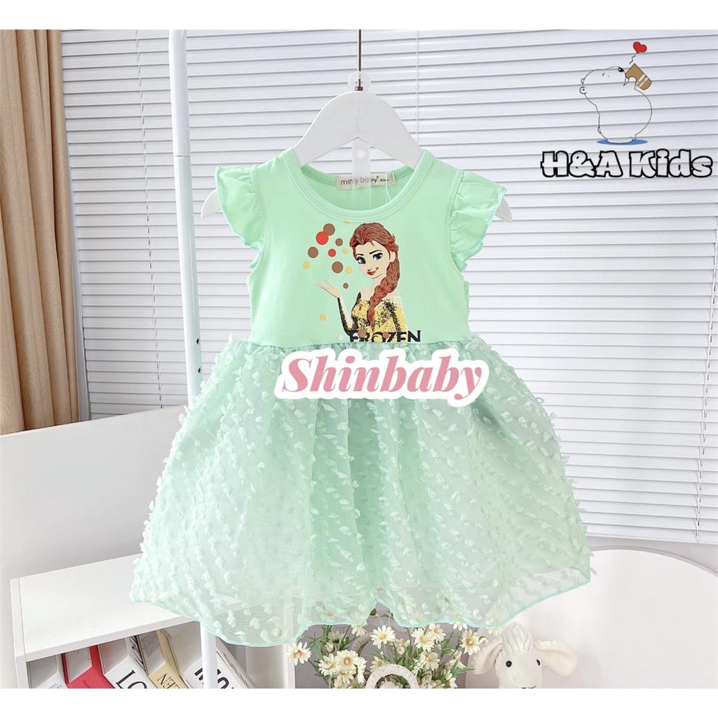 Đầm váy cánh tiên in hình công chúa Elsa, áo thun cotton váy lưới đính bông siêu xinh