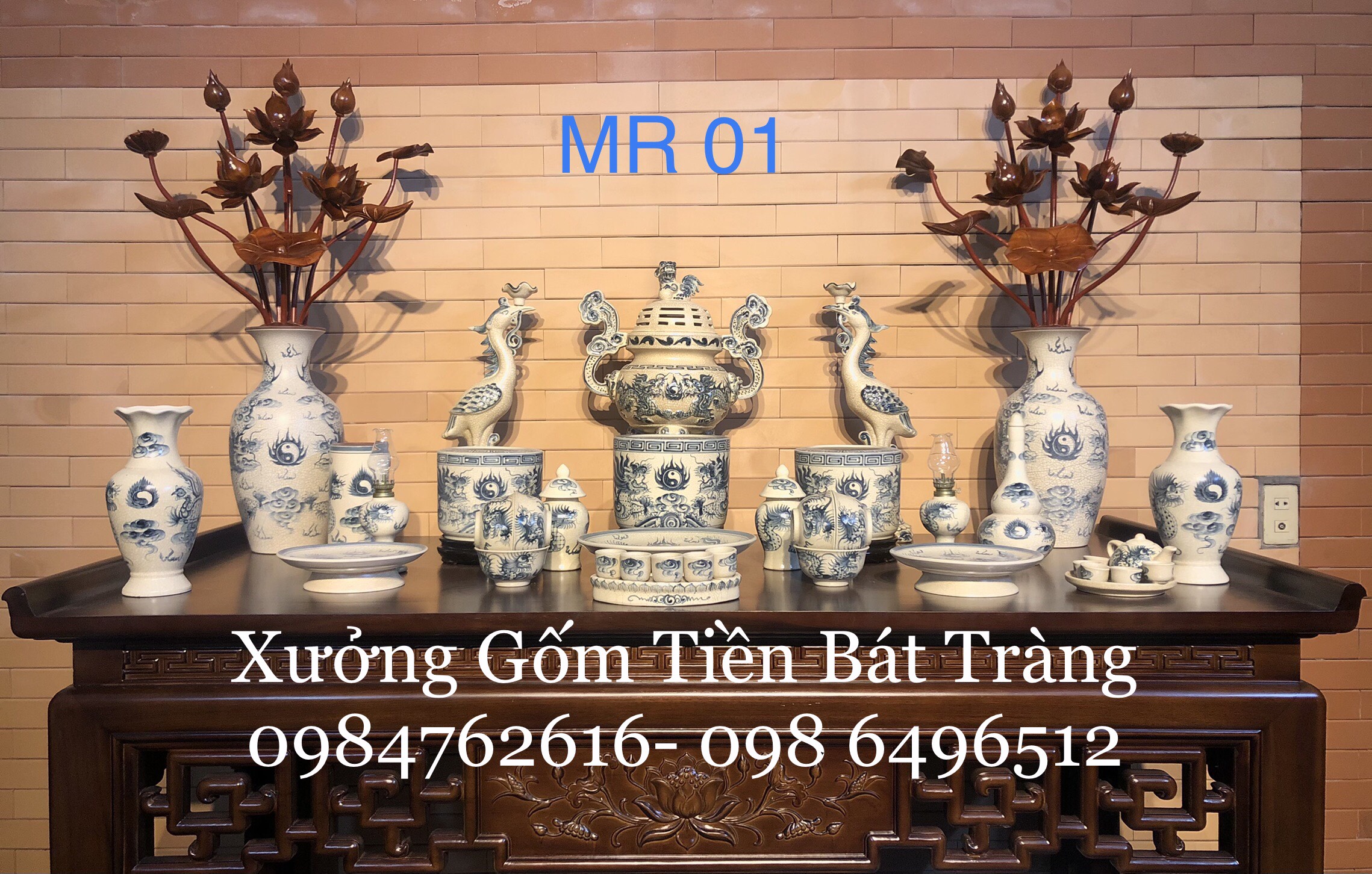 Bộ đồ thờ mã MR 01 - Men Rạn giả cổ Vẽ Rồng - 100% thủ công- -  bầy ban 175cm