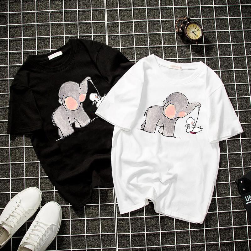Áo thun unisex form rộng đôi bạn thỏ và voi đáng yêu thời trang cá tính vải dày mịn 2019T1302