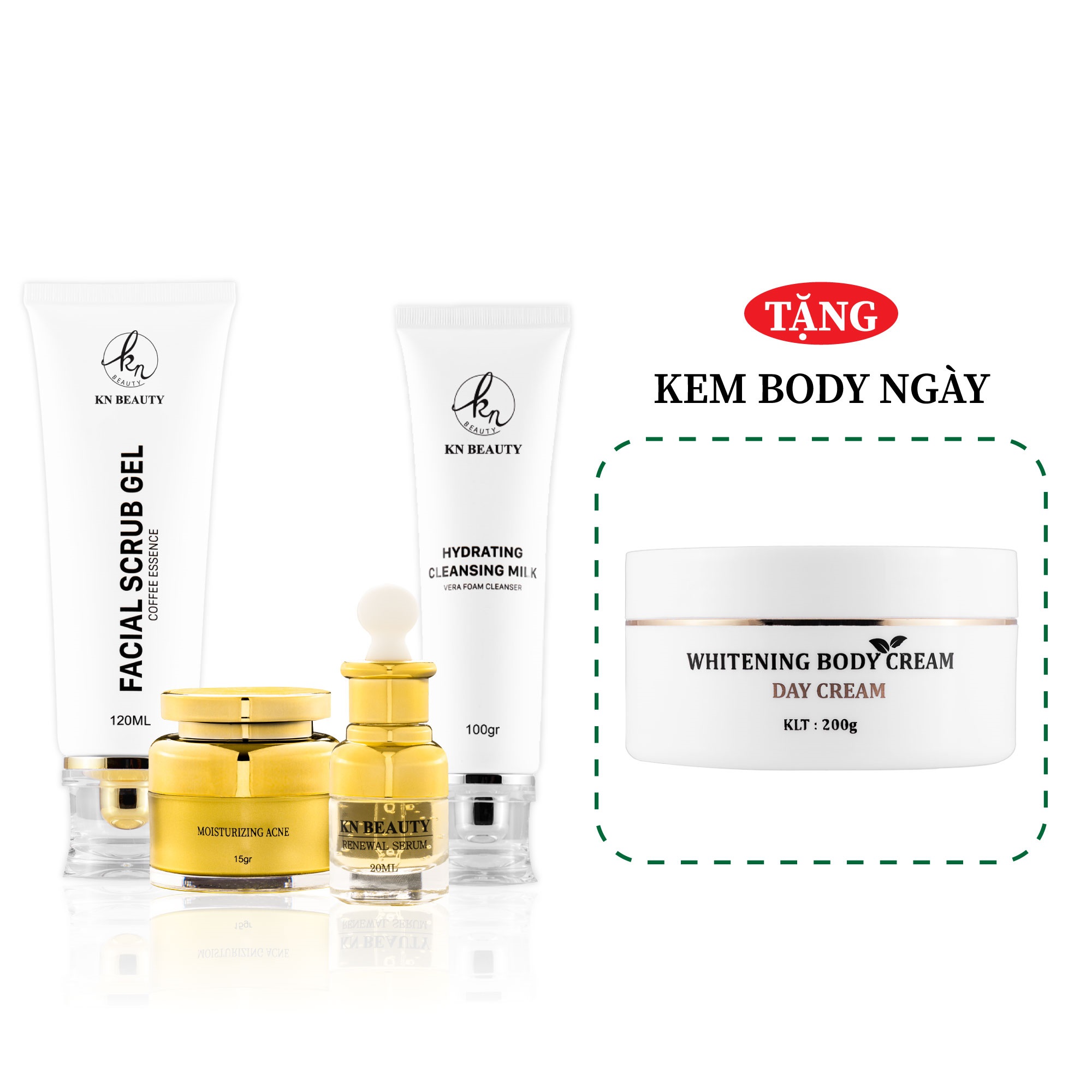 Bộ 4 bước chăm sóc da Trắng sáng Ngừa mụn KN Beauty chuyên sâu: Kem dưỡng 25g + Serum 30ml + Sữa rửa mặt 100gr + Tẩy tế bào chết 100ml