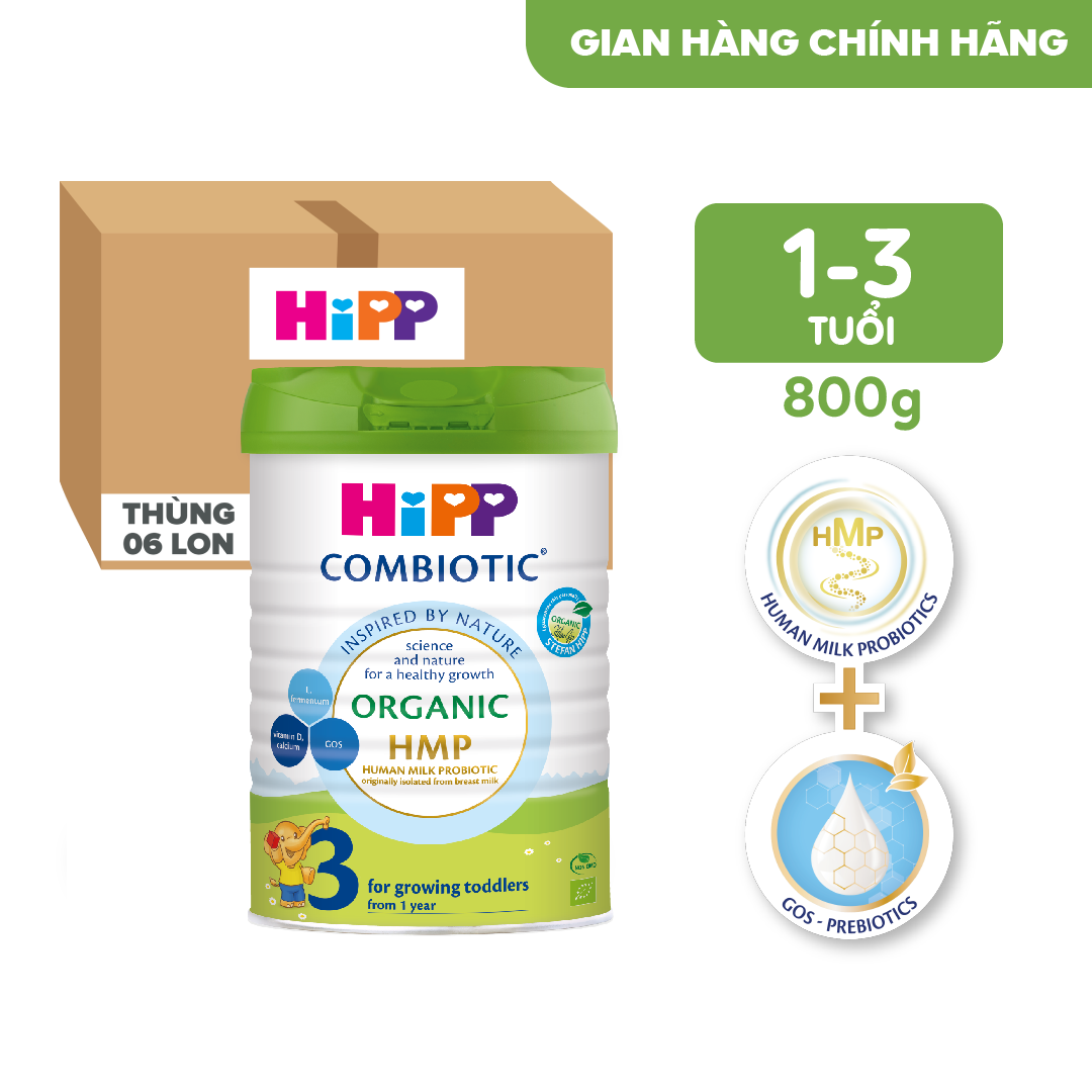 Hình ảnh Thùng 6 lon sữa bột dinh dưỡng công thức HiPP 3 Organic Combiotic chất lượng hữu cơ tăng cường sức khoẻ hệ miễn dịch, bổ sung Canxi và vitamin D dành cho trẻ trên 12 tháng tuổi (6 lon x 800g)
