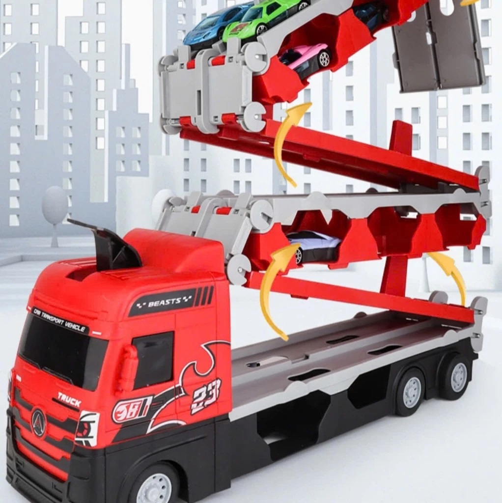 Ô tô đồ chơi BK TOTECH hình xe tải 3 tầng kèm 4 xe đua nhỏ mô hình đường đua xe dài 1,65m có thể gấp gọn cho bé