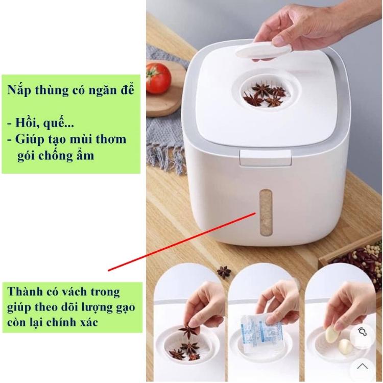 Thùng Đựng Gạo Cao Cấp 10kg - Thùng Đựng Gạo Nắp Đậy Thông Minh, Thiết Kế Hiện Đại &amp; Đẹp Mắt, Chất Liệu ABS &amp;PP An Toàn Chống Nước