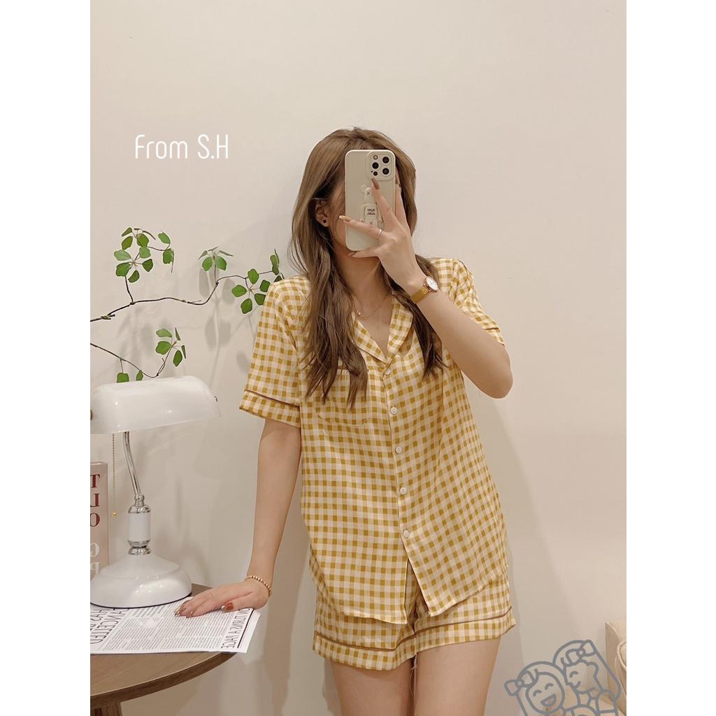 Bộ pijama caro đũi lạnh màu sắc tươi sáng muslin Hàn Quốc