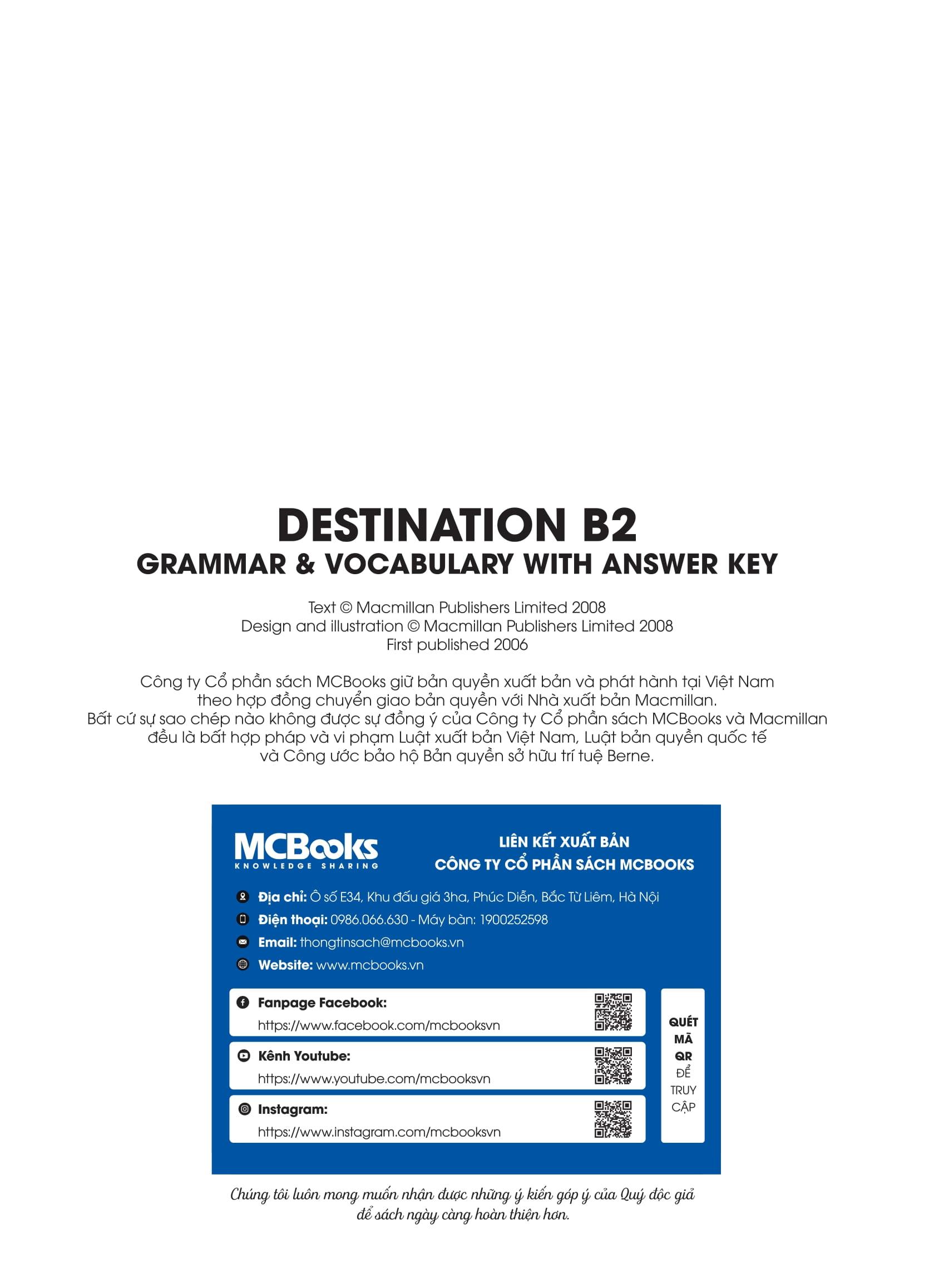 Destination B2 - Grammar And Vocabulary with Answer Key (Tái Bản 2024)