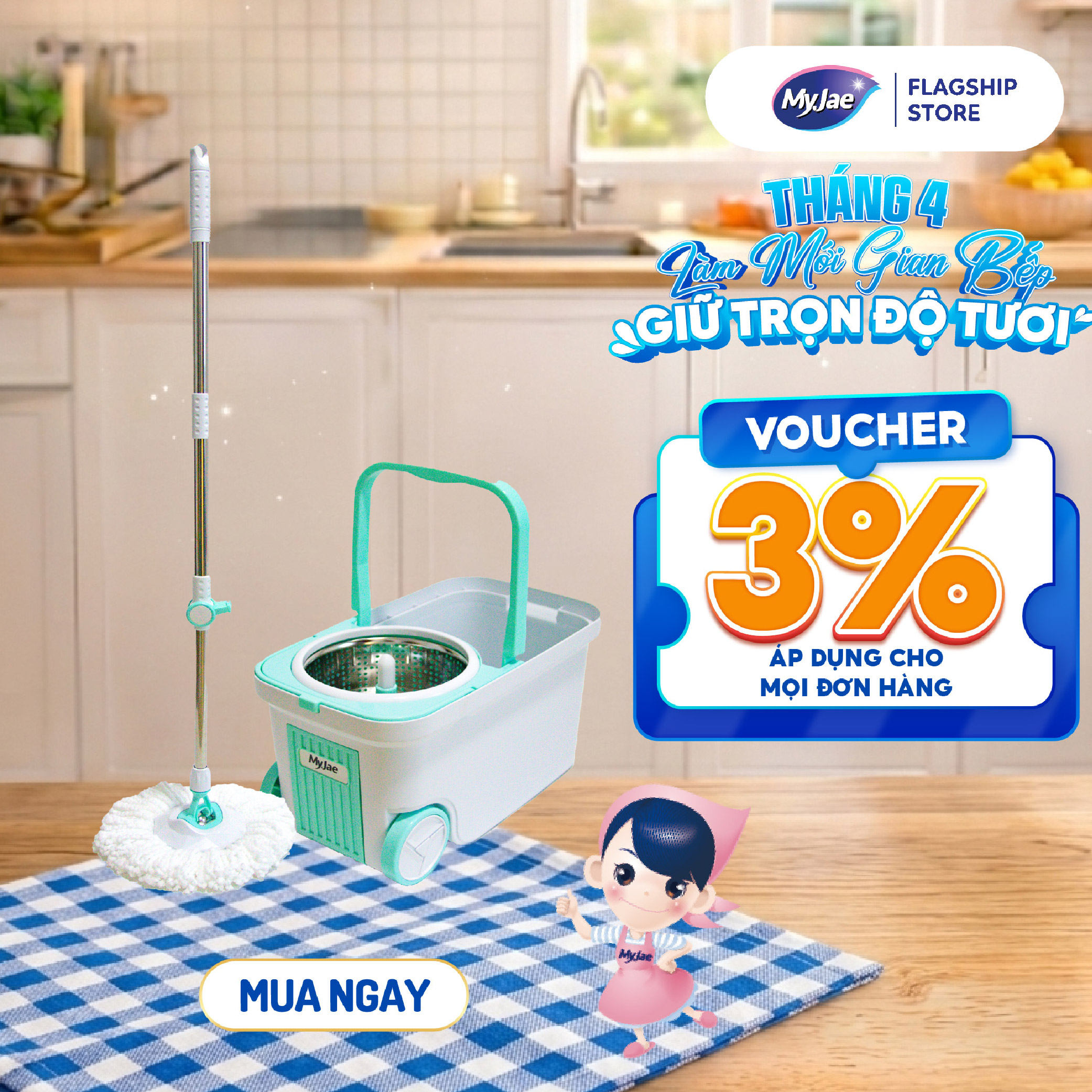 Tặng Bông Lau Bộ Lau Nhà MyJae Đài Loan Sợi Microfiber Xoay Siêu Tốc 360 Độ Thông Minh 129.5cm – Bộ Xanh Trắng