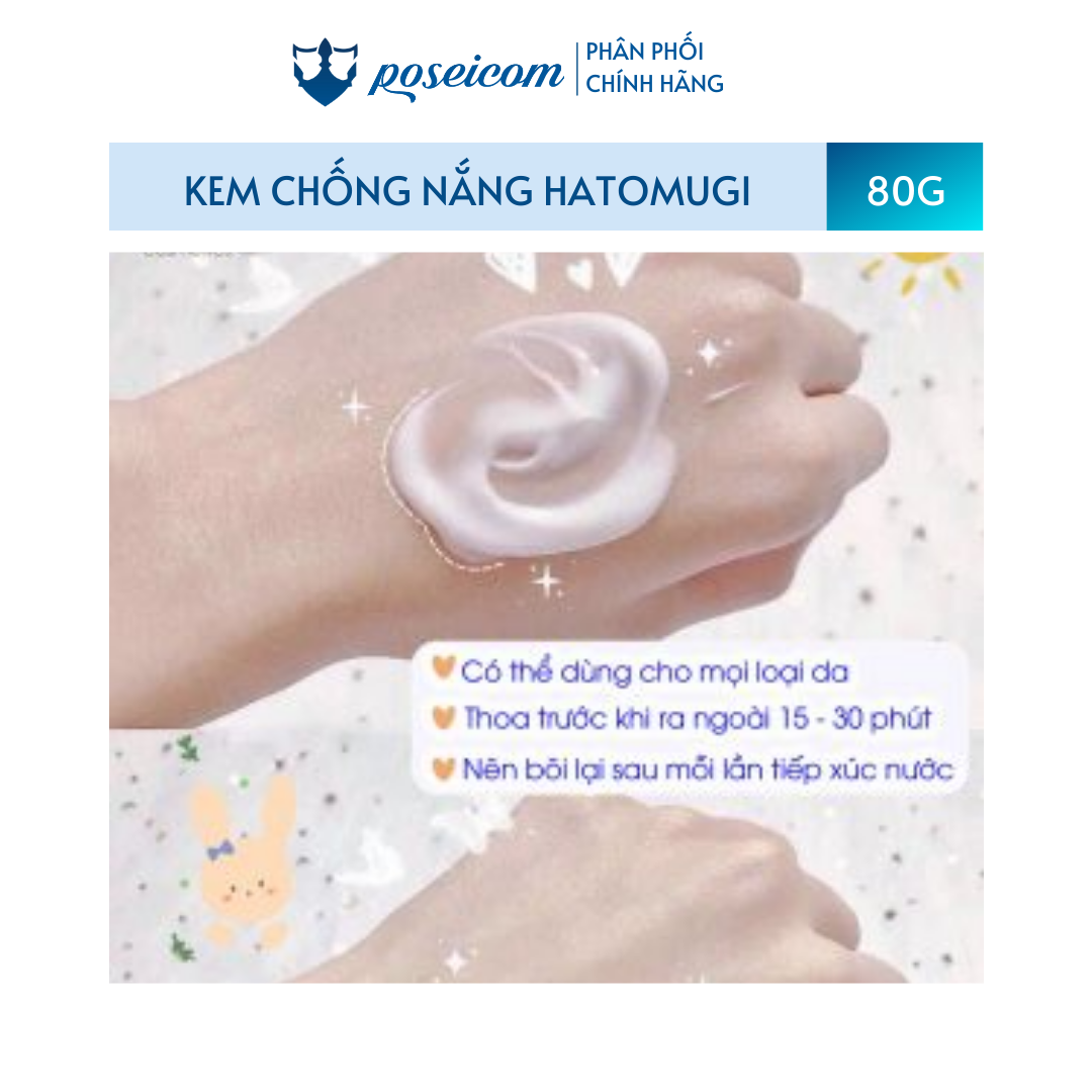 Kem Chống Nắng Hatomugi SPF50++ PA++++ Dưỡng Ẩm Trắng Da Tuýp 80g Poseicom 4513574033955
