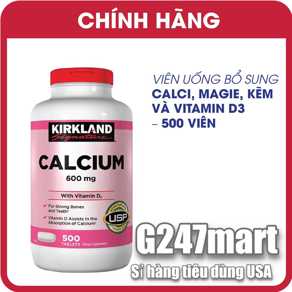 Thực phẩm bổ sung Calcium with D3 600mg 500 viên Kirkland nhập Mỹ - hỗ trợ xương khớp