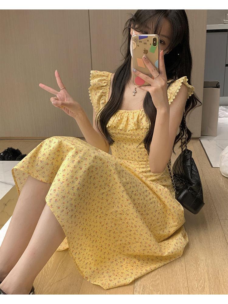 TOBE1SHOP Trà nghỉ kiểu Pháp cổ vuông tay áo nhỏ màu vàng hoa đầm nhỏ thắt lưng lộ vẻ gầy mùa hè váy dài đến mắt cá chân