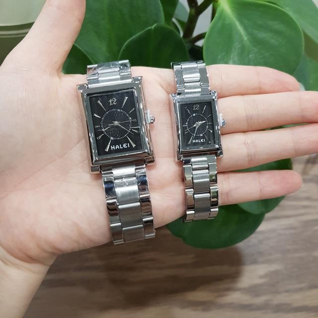 Đồng hồ cặp đôi nam nữ Halei mặt đen dây kim loại chính hãng Tony Watch 68