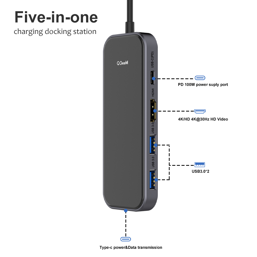 Bộ Hub USB C QGeeM 5 trong 1 4K USB C sang HDMI, 2 x USB 3.0, 1 x USB-C 3.0, 1 x USB-C 100W PD Charger tương thích với MacBook Pro 2019/2018 IPad Pro, Chromebook, XPS, Type-C Adapter - Hàng Chính Hãng