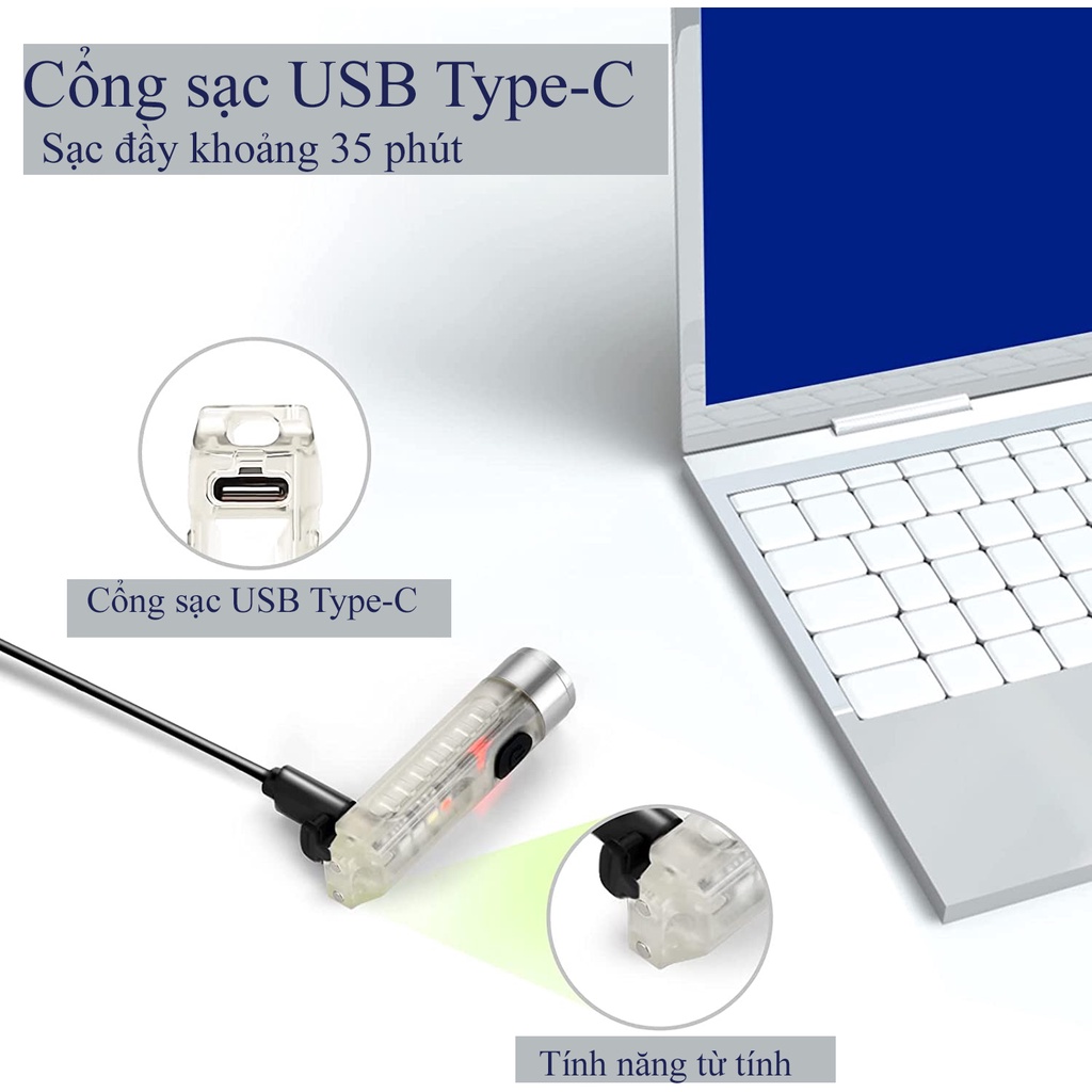 Đèn Pin Mini Siêu Sáng Trong Suốt Kèm Móc Khoá, IP65 Chống Nước Tuyệt Đối Sạc USB Tích Điện Siêu Tiện Lợi