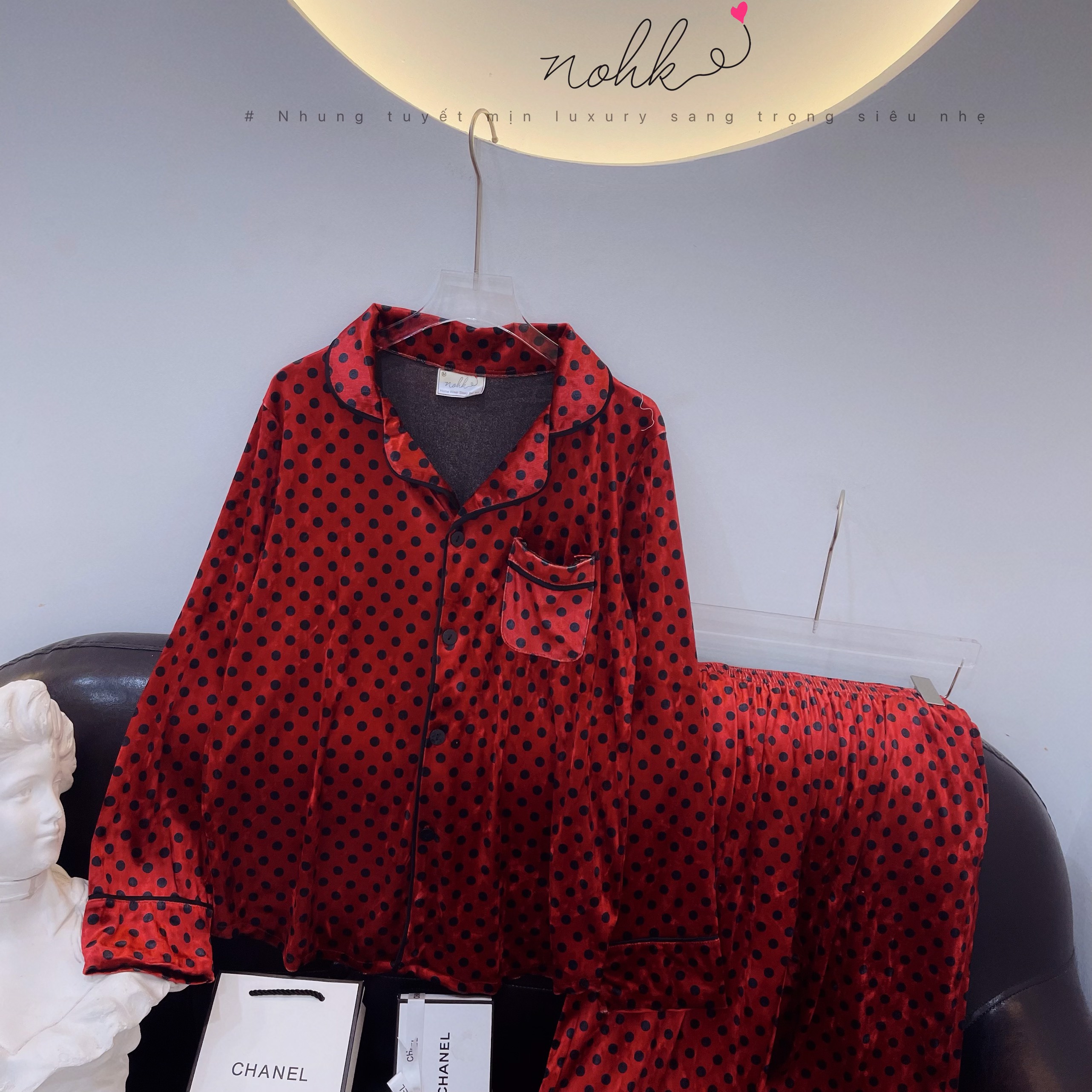 Bộ pizama nữ áo dài màu Đỏ HT chấm bi nhỏ chất nhung cao cấp BO095A
