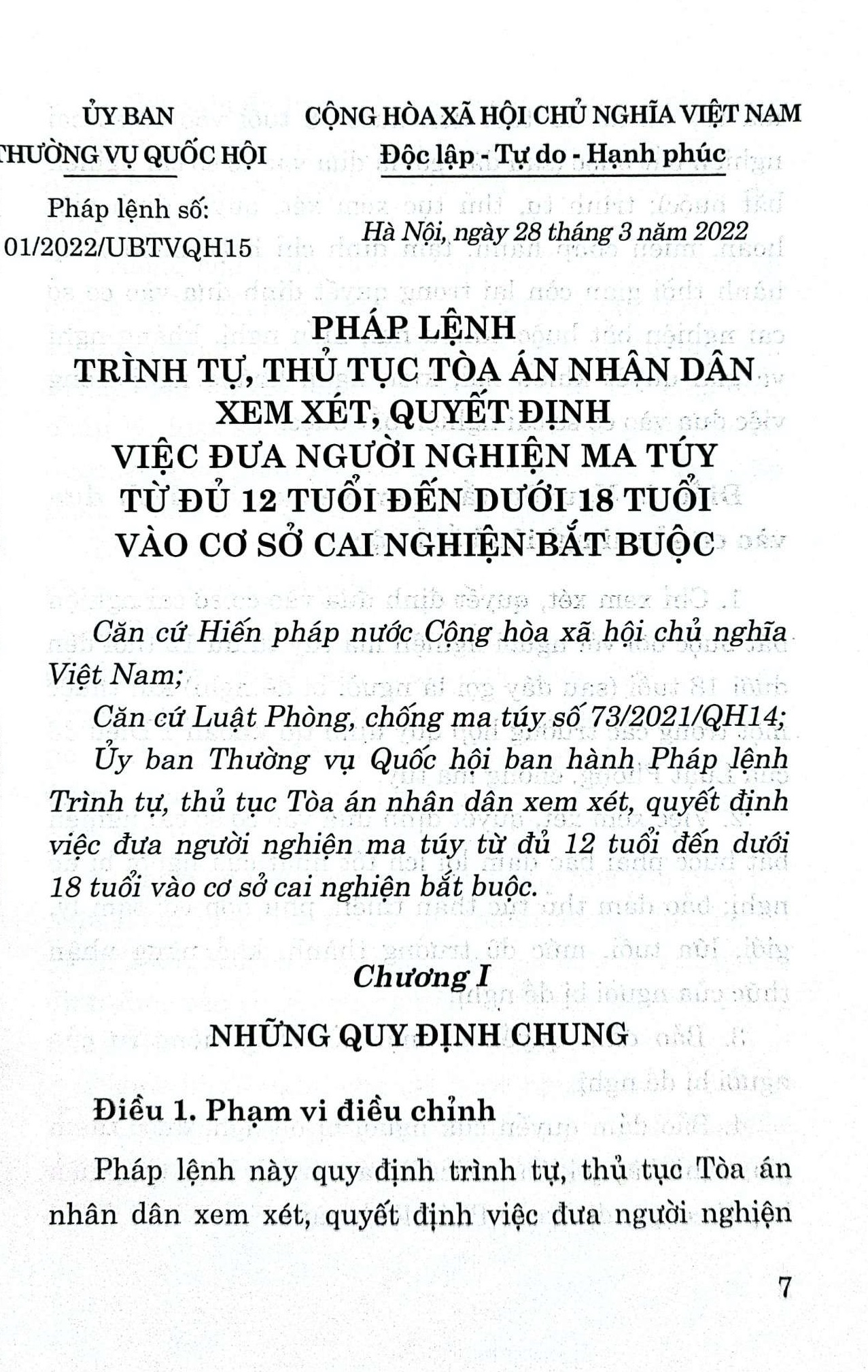 Pháp lệnh trình tự, thủ tục toà án nhân dân xem xét, quyết định việc đưa người nghiện ma tuý từ đủ 12 tuổi đến dưới 18 tuổi vào cơ sở cai nghiện bắt buộc