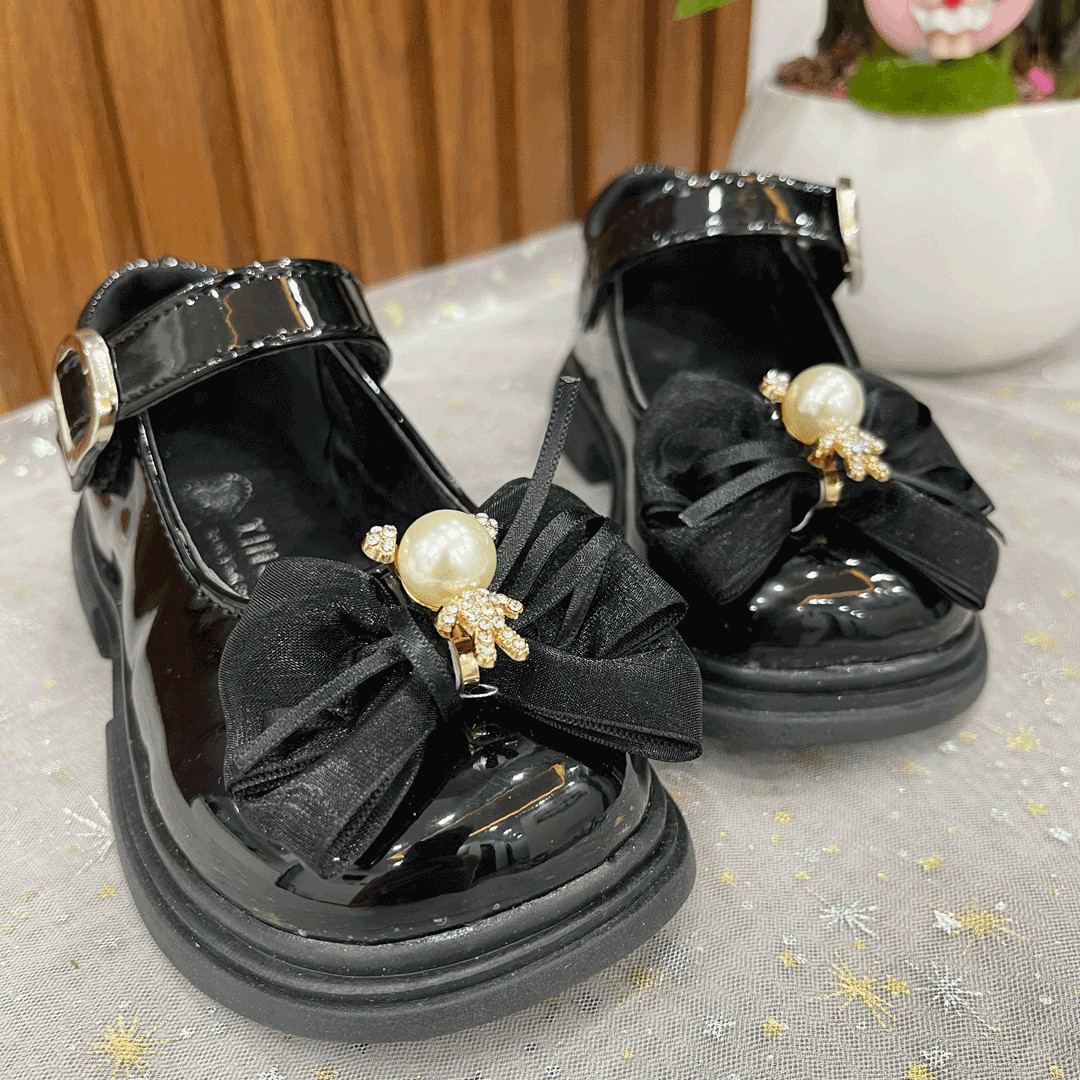 Giày búp bê bé gái, Giày tiểu thư màu ĐEN nơ xinh xắn phong cách Hàn Quốc da mềm, đế chống trơn trượt cho bé [ảnh thật