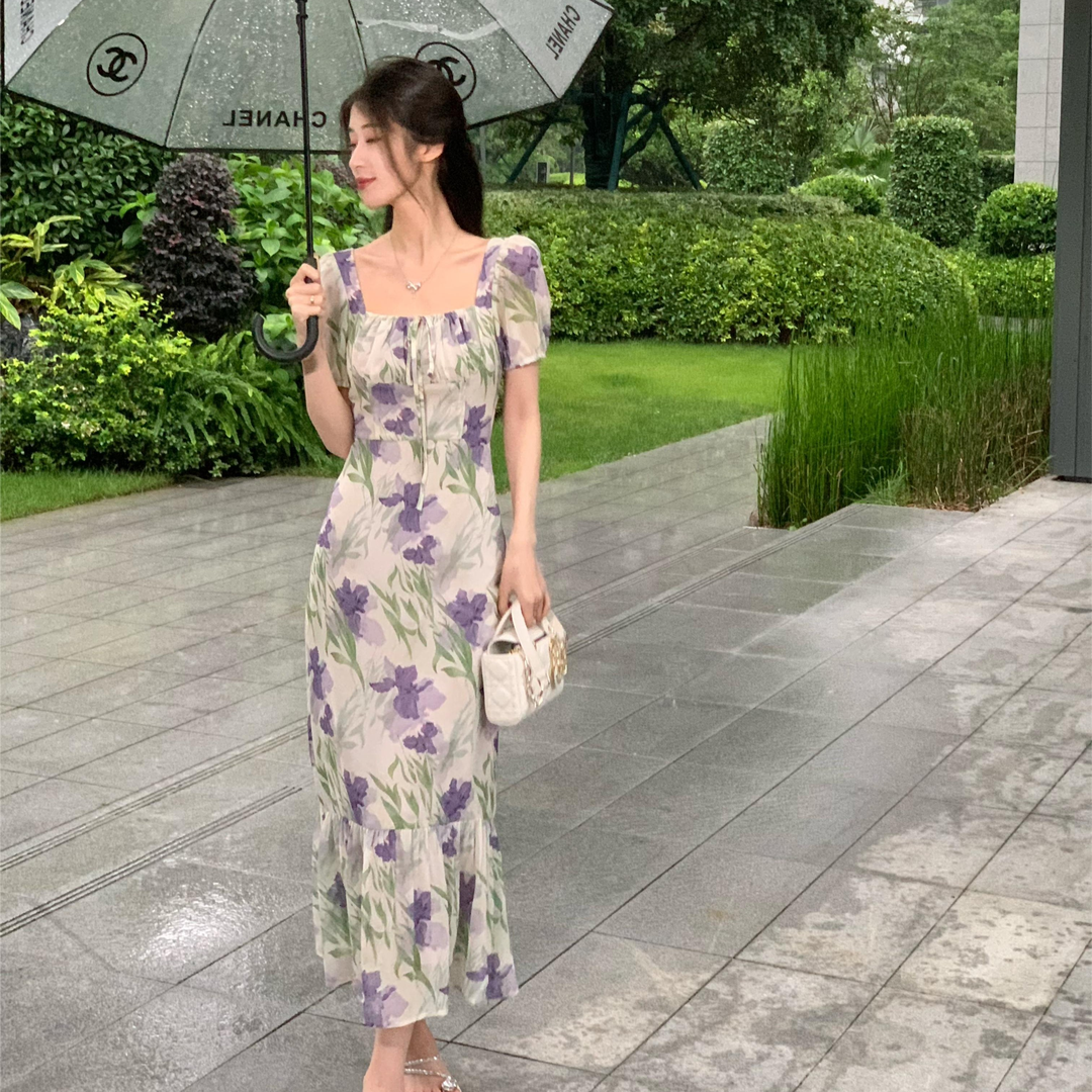 DONGSHOP Pháp Vintage vuông cổ in tay áo ngắn đuôi cá đầm nữ tính siêu tiên váy dài màu đen hoa chiffon đầm