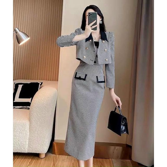 FRESHIP Sét váy đầm nữ hai dây caro giả túi mix áo khoác tay dài cùng tông thanh lịch sang chảnh KIMGIA DS