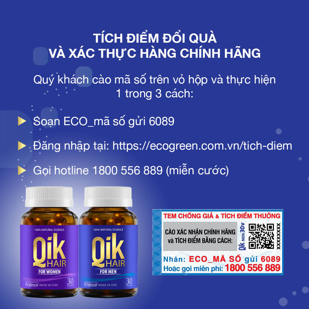 Viên uống QIK HAIR (cho Nữ) hỗ trợ giảm rụng, mọc tóc chắc khỏe (30 viên)