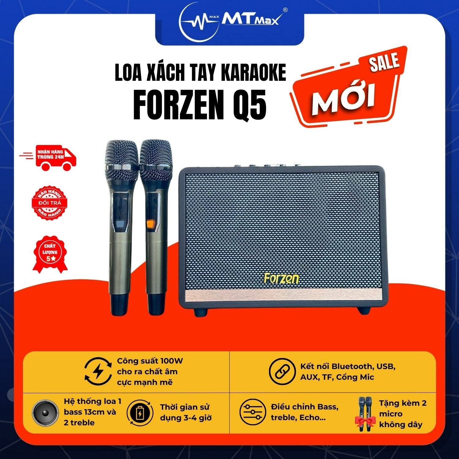 Loa Di Động Karaoke Forzen Q5 - Âm Thanh Chắc Bass Ấm Kèm 2 Micro Cao Cấp Hàng chính hãng