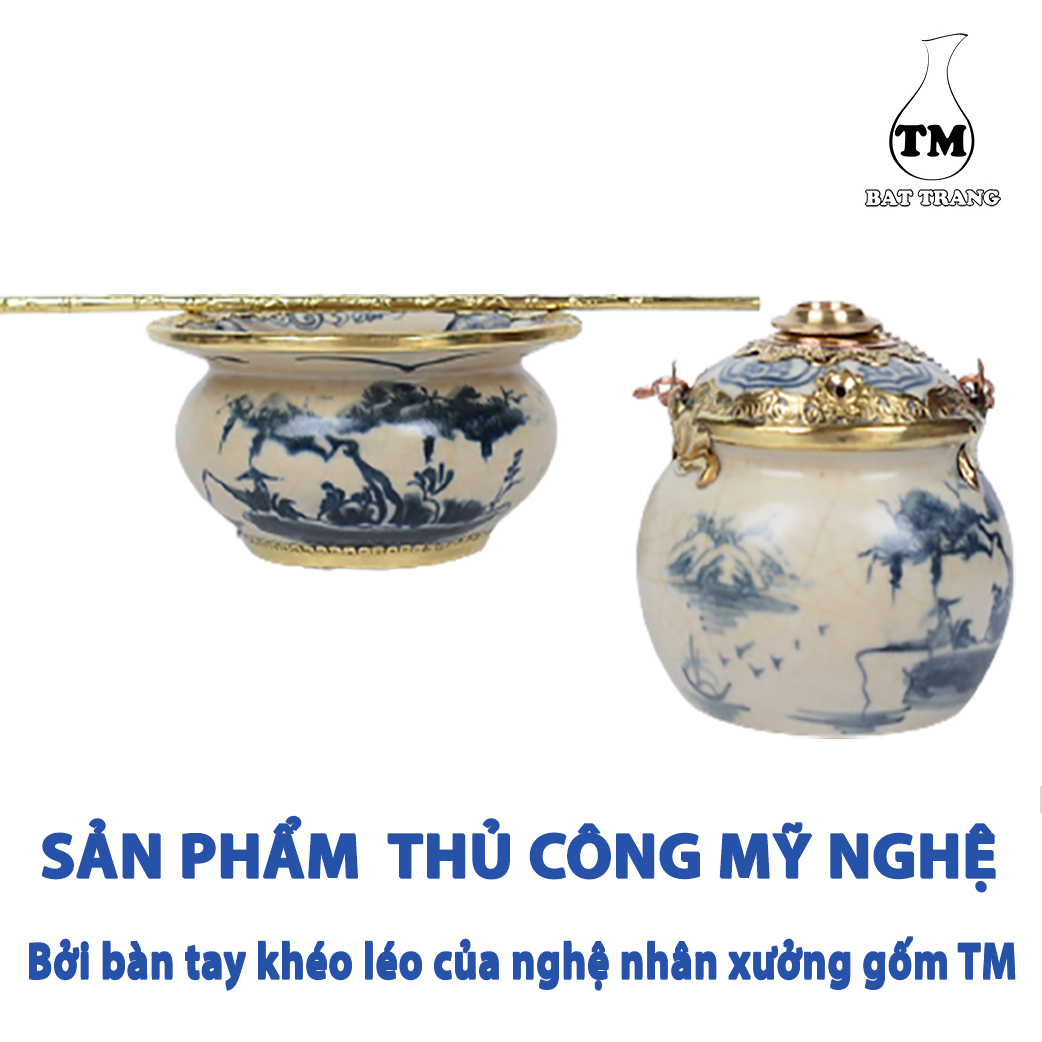 Điêu Bát Men Rạn Bọc Đồng Vẽ Phong Cảnh Gốm Sứ Bat Trang (dieu hut thuoc lao)