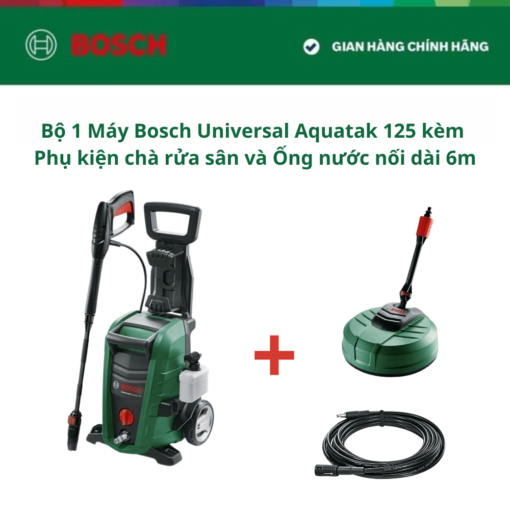 Máy phun xịt rửa Bosch Universal Aquatak 125 kèm Phụ kiện chà rửa sân Aquasurf 250 và Ống nước nối dài Bosch 6m