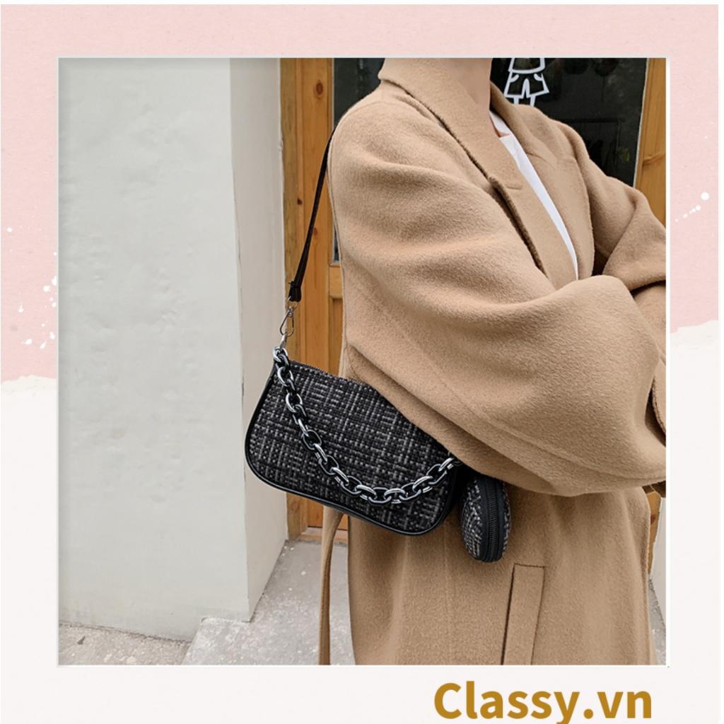 Túi Kẹp Classy nách dây xích màu trà sữa kiểu dáng Vintage phong cách Retro chất liệu vải tuýt sang trọng