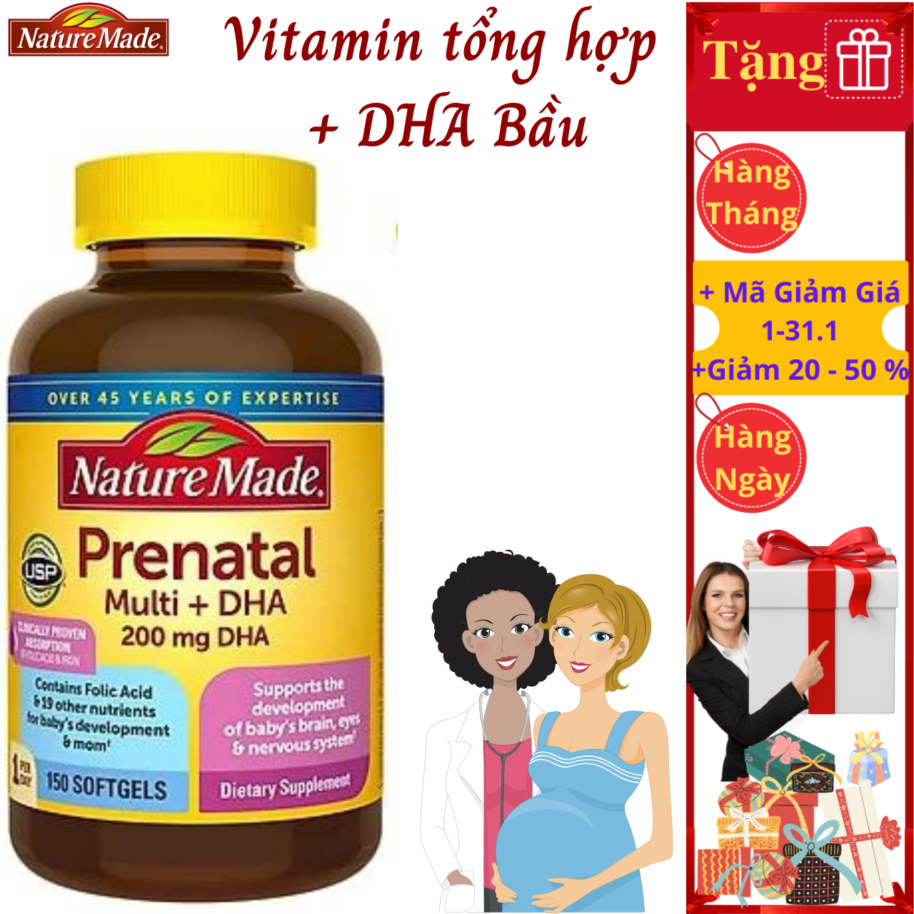 Vitamin tổng hợp cho bà bầu Nature Made Prenatal Acid Folic + DHA hộp 150 viên Massel Official