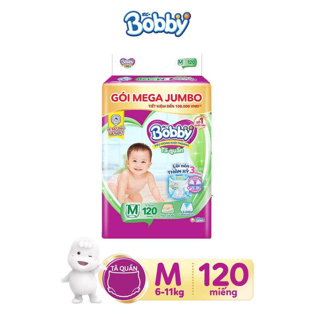Tã/bỉm quần Bobby Mega Jumbo 3mm Gạo non Giảm nhiệt M112