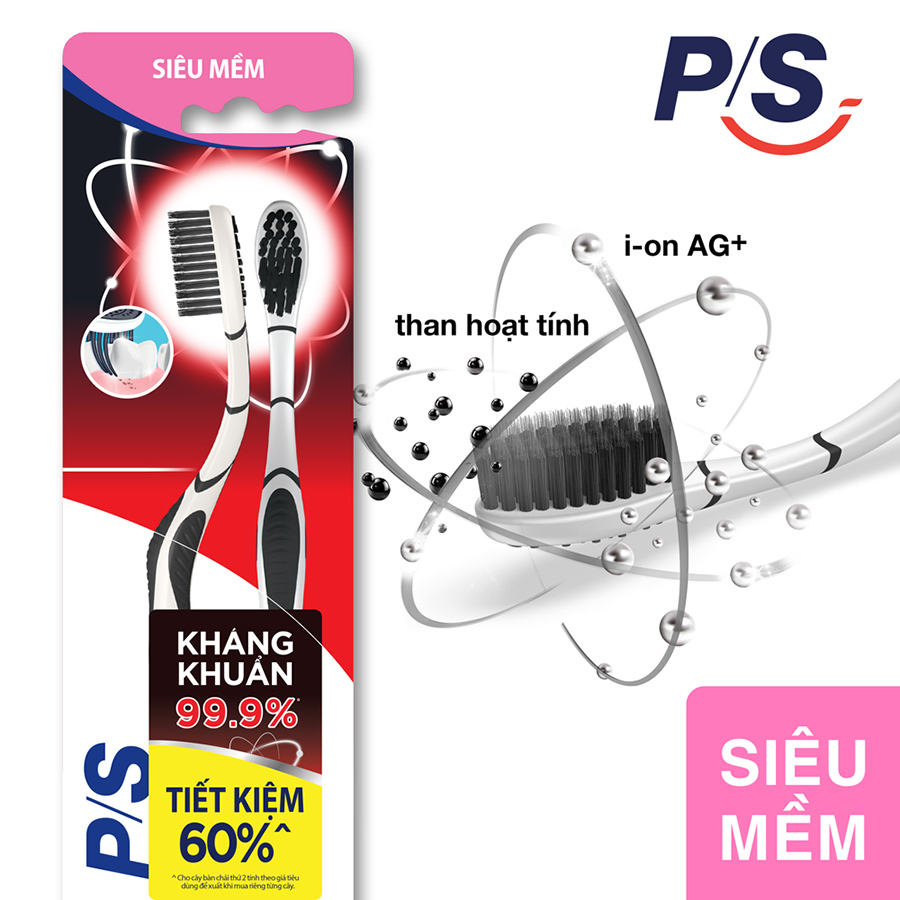 Combo Kem Đánh Răng P/S Than Hoạt Tính 230g Và Bộ 2 Bàn Chải P/S Than Bạc