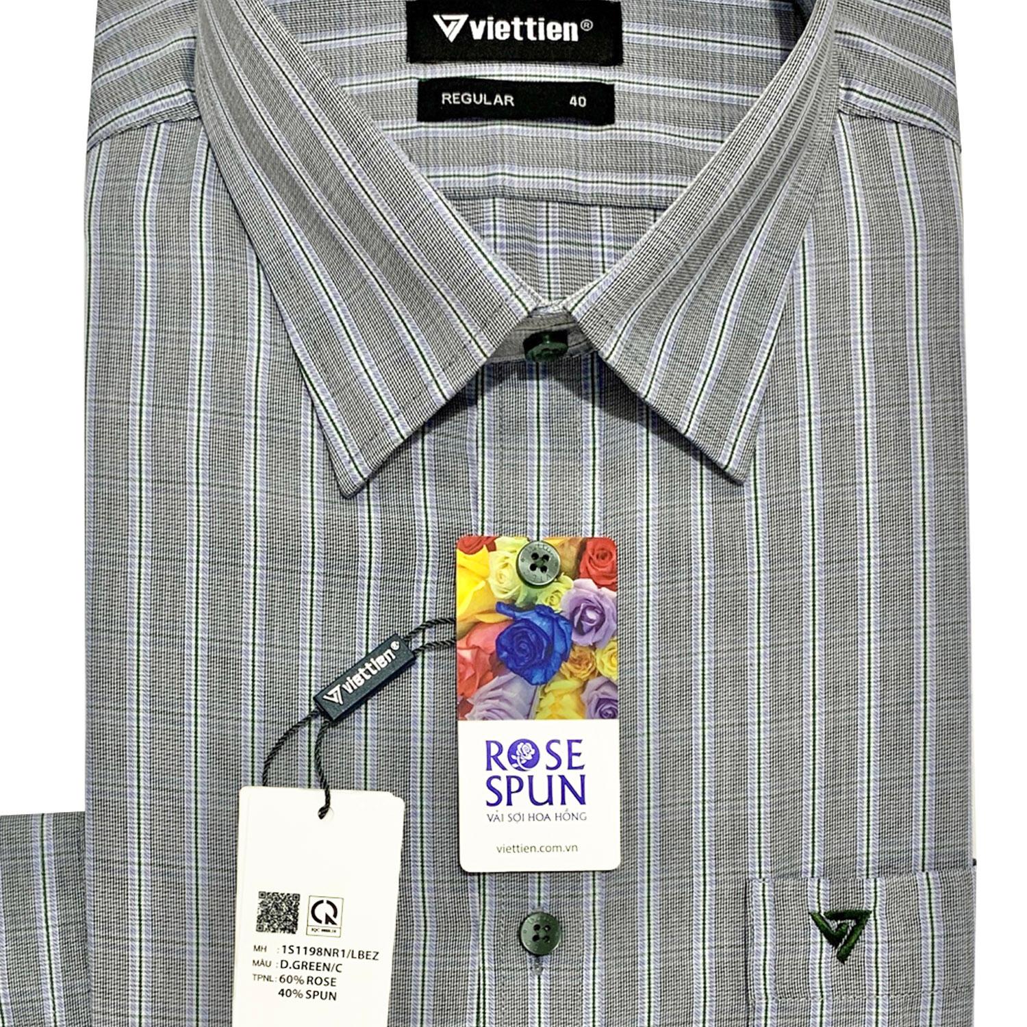 Viettien - Áo sơ mi nam dài tay ca rô cao cấp 1S1198 Regular Xám Vải sợi hoa hồng - Kẻ sọc