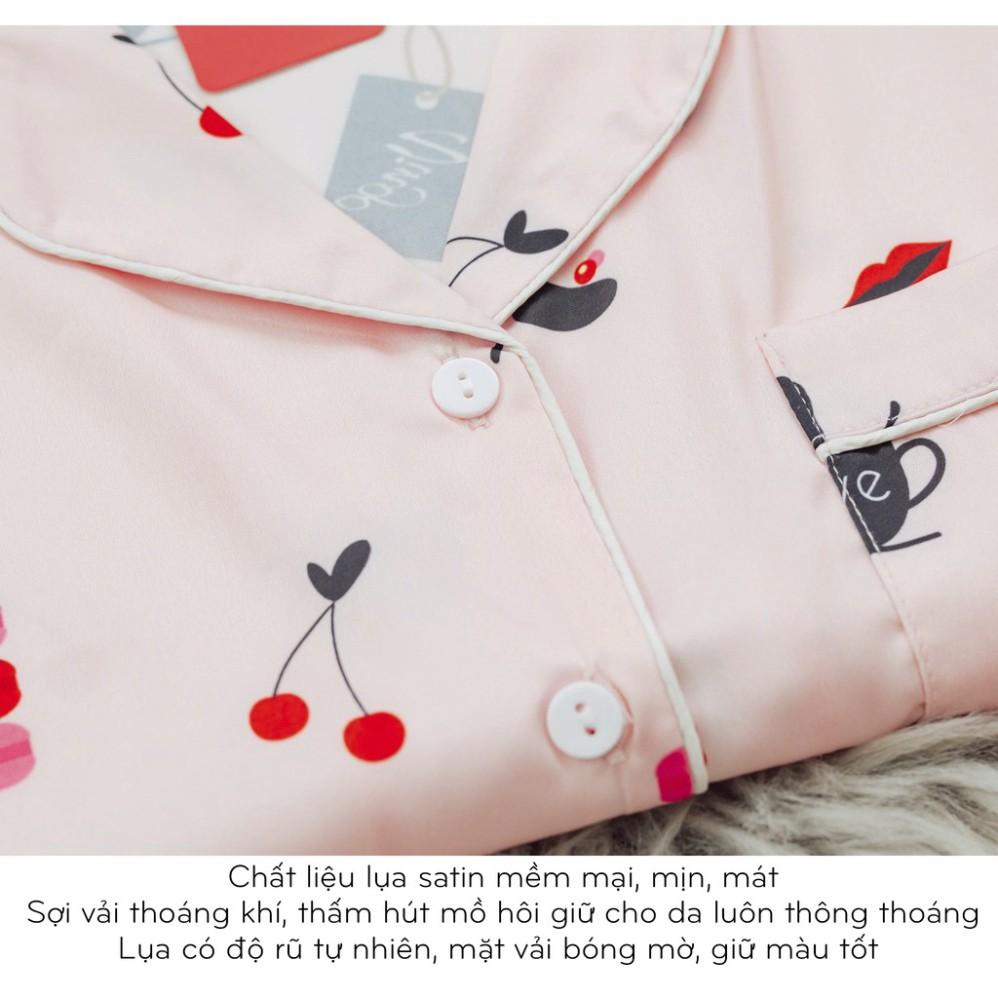 VINGO Bộ Đồ Mặc Nhà Nữ Kiểu Pijama Lụa Pháp Cao Cấp Tay Cộc Quần Lửng Họa Tiết Guốc Kính Hồng H194 VNGO