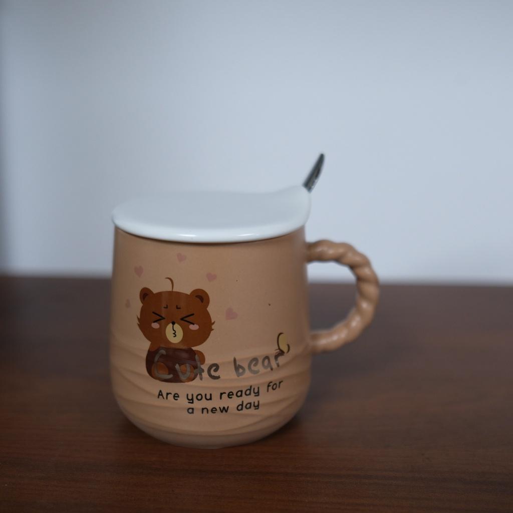 Ly sứ có quai, hình gấu nâu cute, Quà lưu niệm tặng bạn bè, người thân, kèm muỗng và nắp 400ml