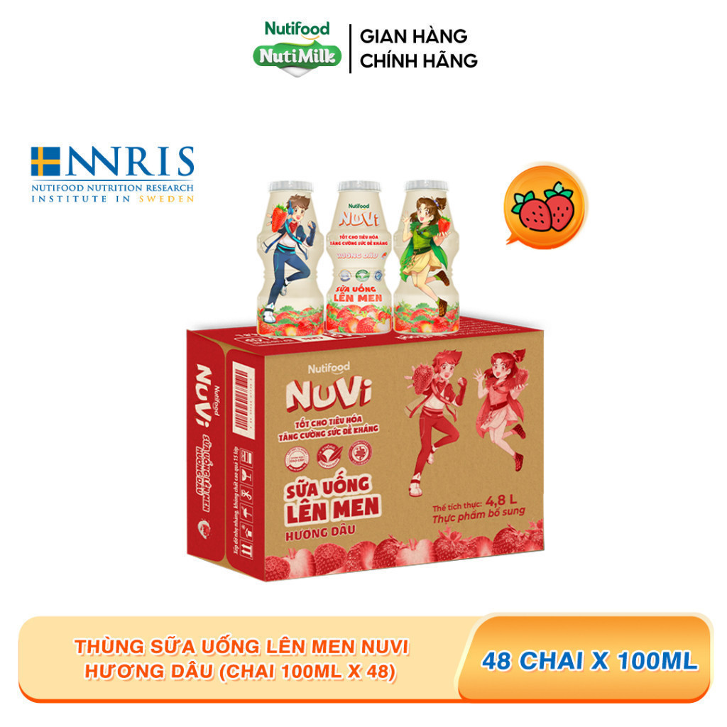 Thùng 48 hộp sữa uống lên men Nuvi vị Dâu 100ml