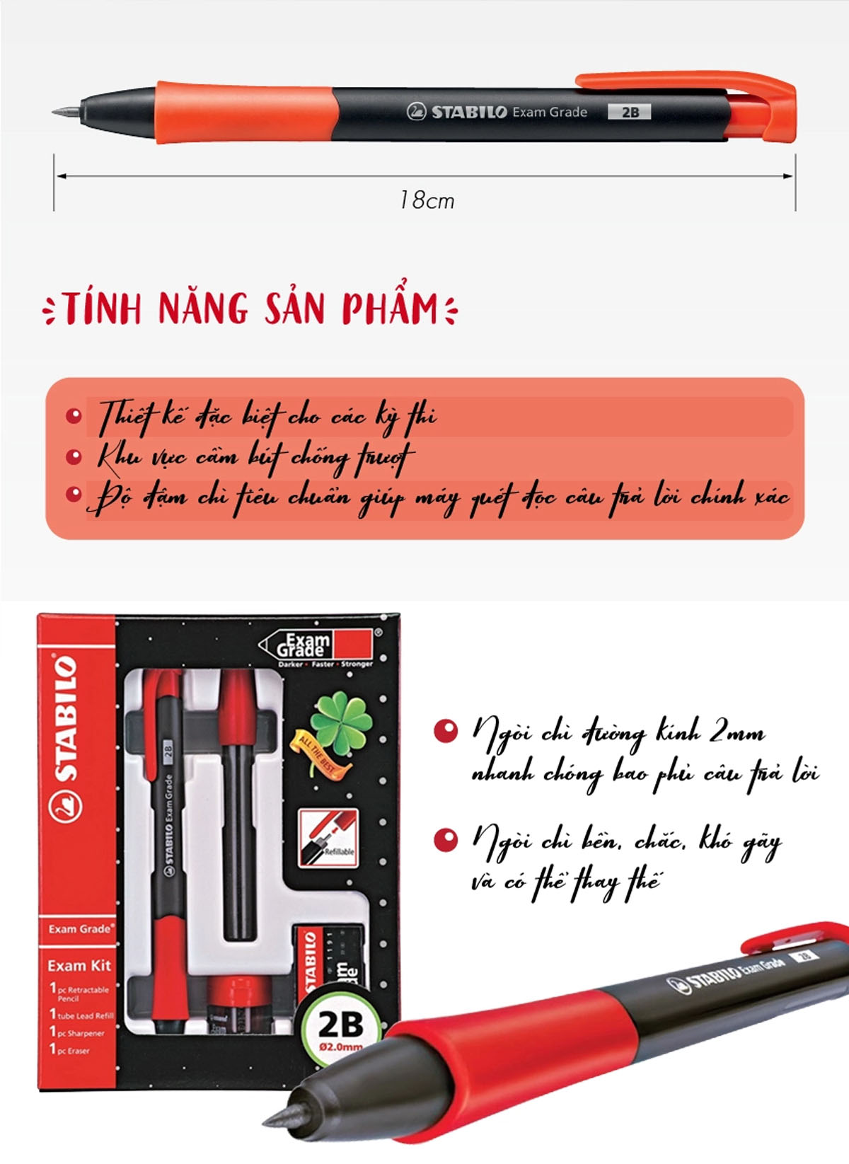 Combo Bút chì bấm STABILO Exam Grade 9883 2.0mm - Bộ 1 hộp chì bấm 2.0 (gồm : bút chì + ruột + gôm+chuốt ruột ) + Bút bi Performer xanh (MP9883CG)