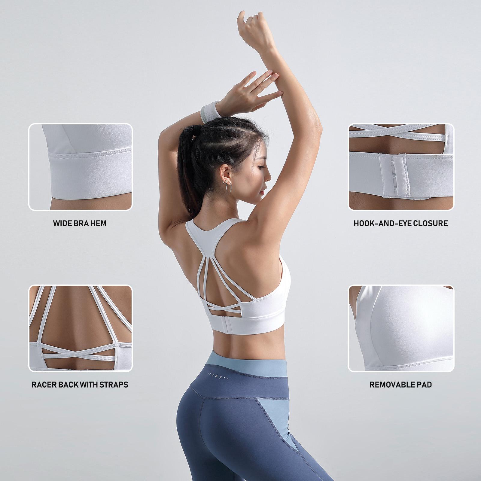 Áo lót thể thao có lưng racer, dây đai và miếng đệm có thể tháo rời phù hợp với yoga, chạy, tennis, v.v. Dùng được cho các môn thể thao.