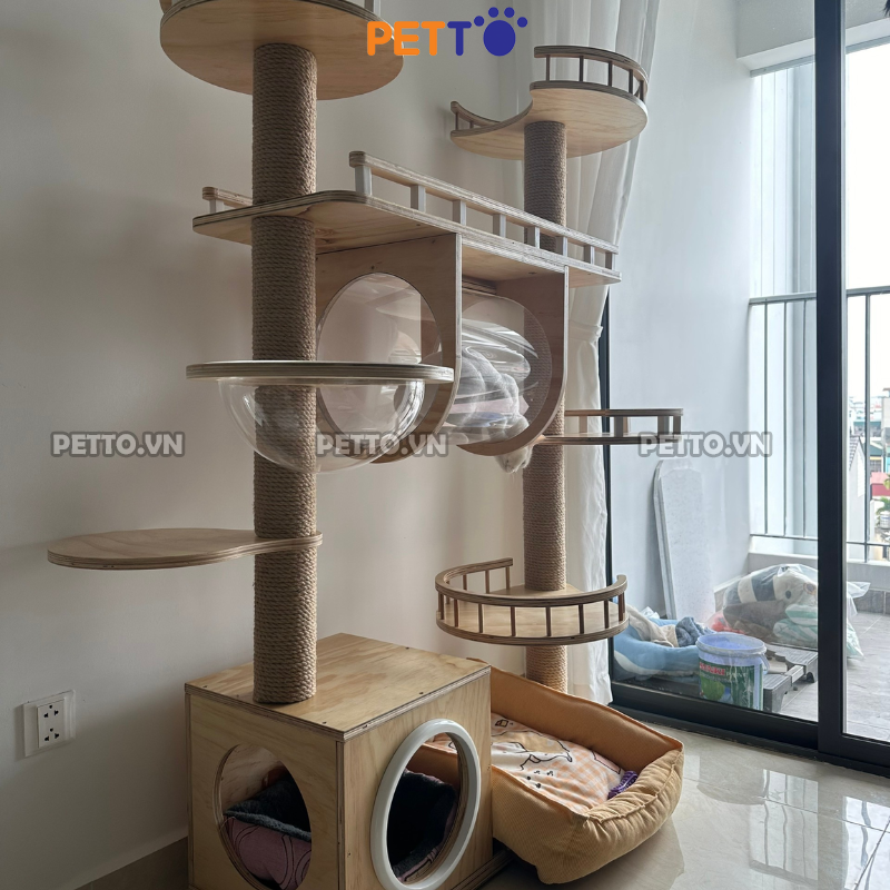 Cattree bằng GỖ cho mèo THÁP ĐÔI kết hợp LỒNG KÍNH cao 1m7 cho nhà nhiều mèo CH047