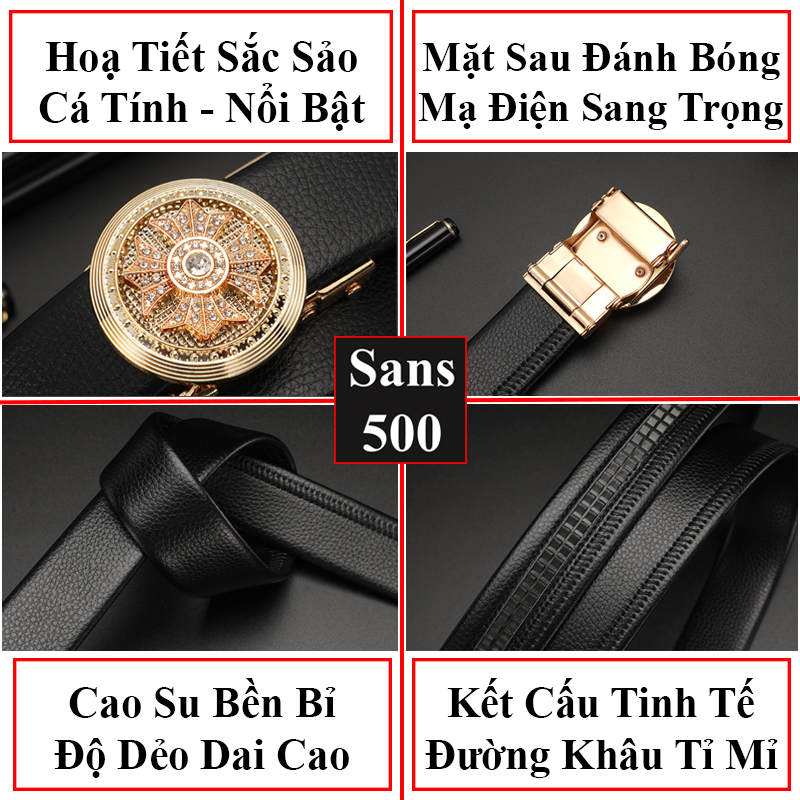 Thắt lưng nam da cao cấp Sans500 dây nịt mặt khoá tự động xoay đính đá đen đẹp sang trọng lịch lãm thời trang full đen