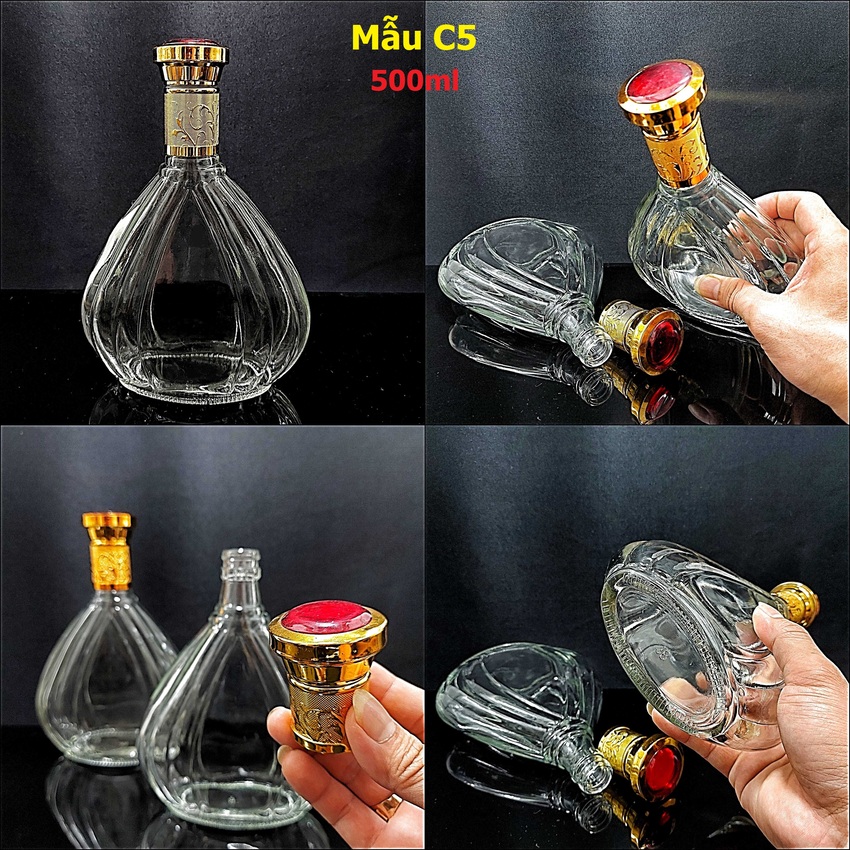 Vỏ Chai Rượu Ngoại 500ML giọt nước hoa văn cánh sen nắp vàng chuôi đỏ - Chai Đựng Rượu Thủy Tinh - Vỏ Chai Rượu Đẹp – Bình Đựng Rượu Thủy Tinh