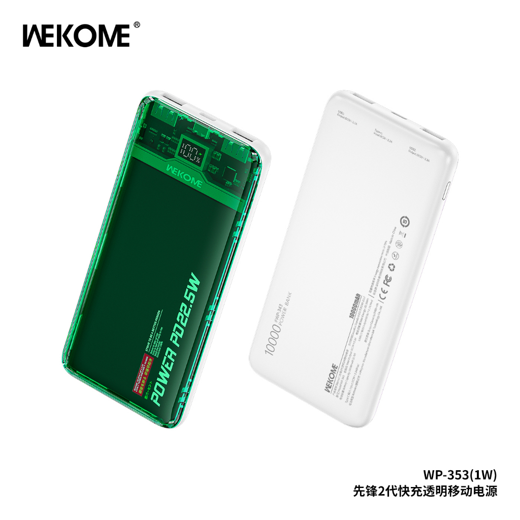 Pin sạc dự phòng sạc nhanh QC PD 22.5W trong suốt WEKOME 10000mAh nhiều màu sắc Wp 343 sạc thường - 353 sạc nhanh Hàng nhập khẩu