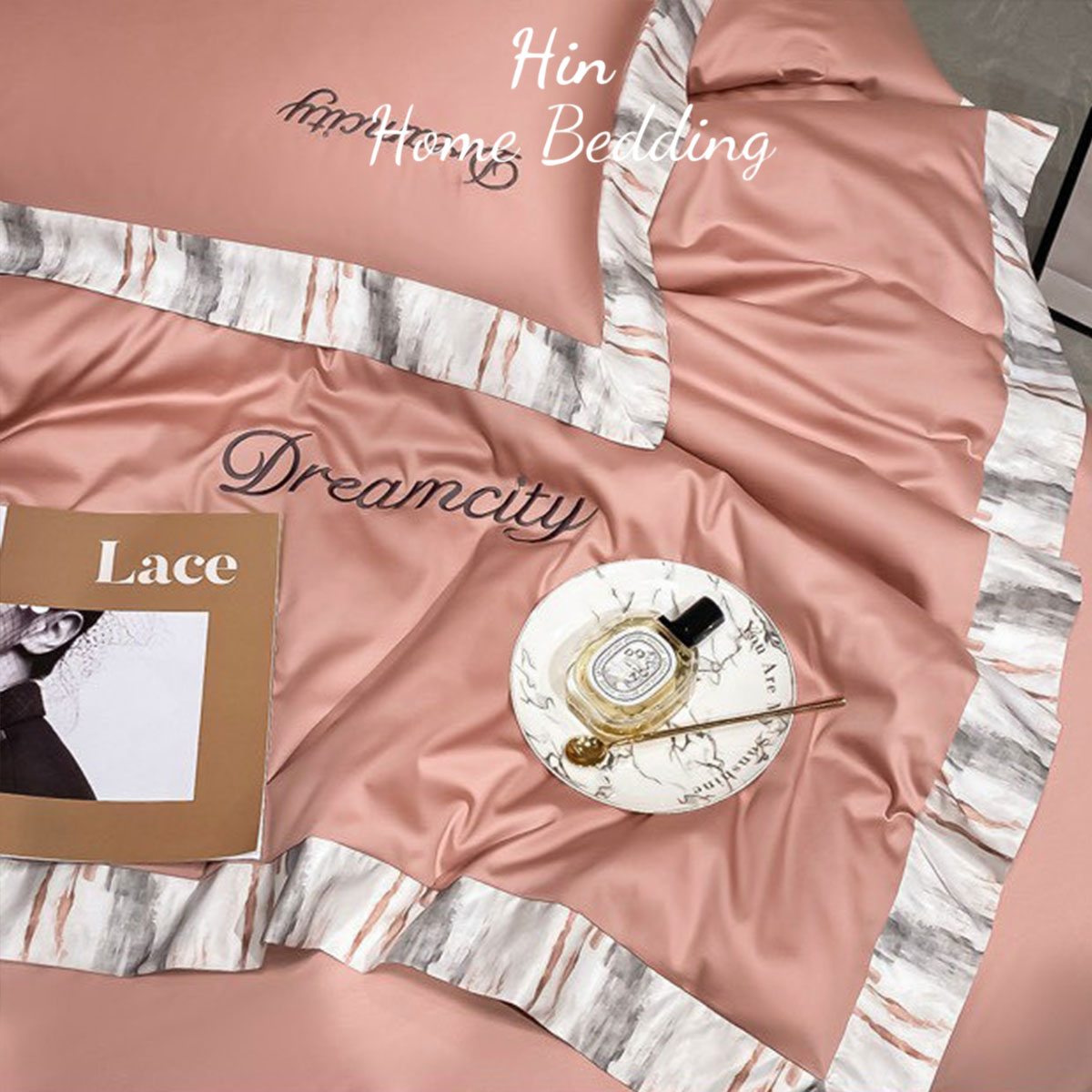 Bộ Chăn Ga Gối Đệm 5 Món Chăn Bông Hin Home Bedding Drap Giường Lụa Mẫu Hồng