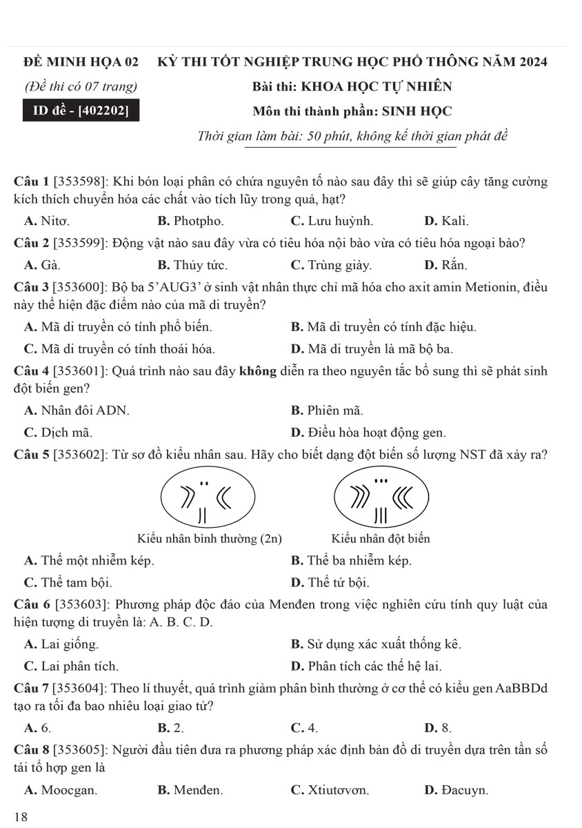 50 Đề Minh Hoạ 2024 Môn Sinh Học (MOON) - Tặng phiếu trắc nghiệm