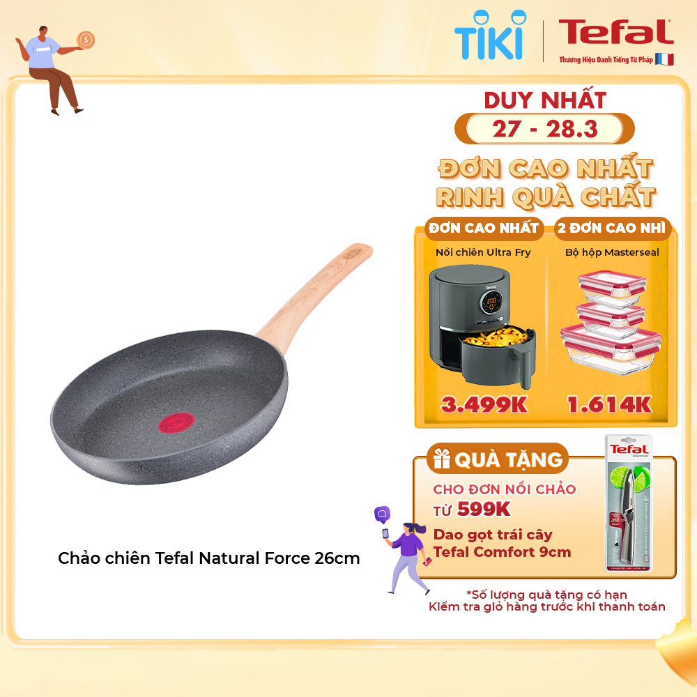 Chảo chiên chống dính vân đá đáy từ Tefal Natural Force 26cm, dùng cho mọi loại bếp - Sản xuất tại Pháp - Hàng chính hãng