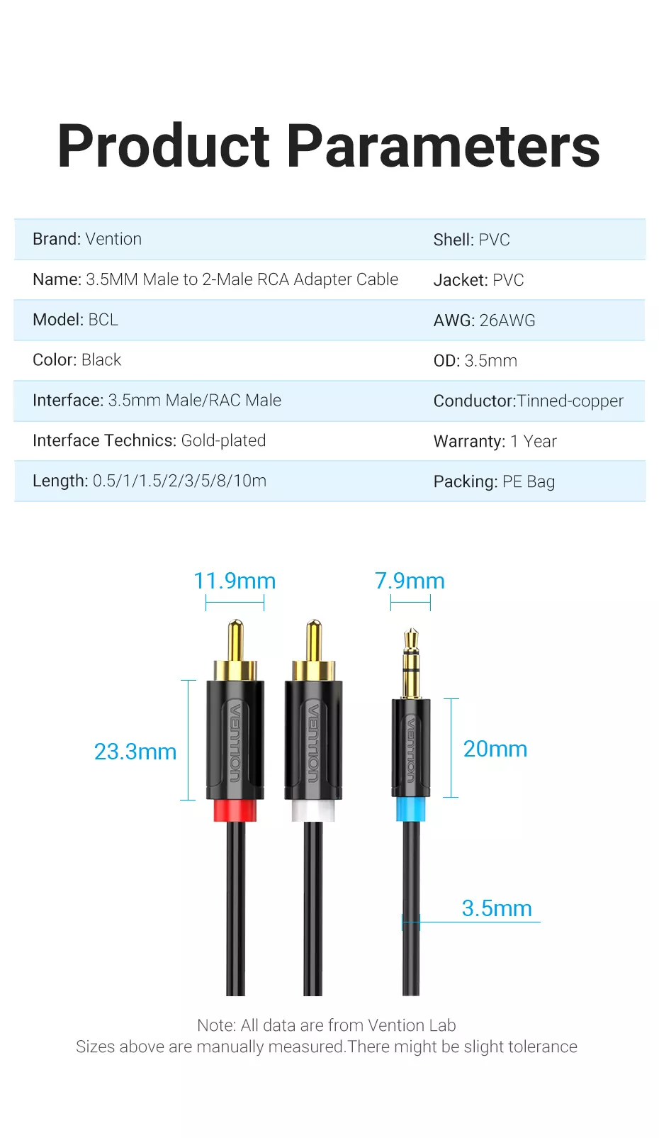 [ 3.5 male ra 2*RCA male ] Cáp chuyển Audio  3.5mm ra 2 đầu RCA  Vention BCLBG - Hàng chính hãng